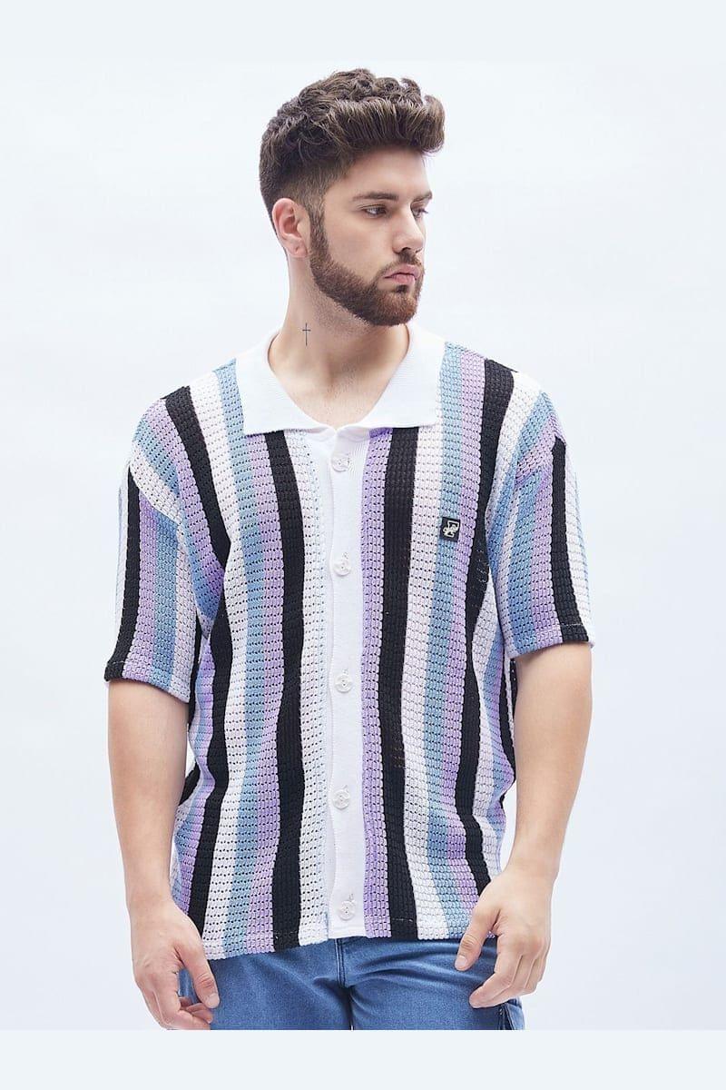 FUGAZEE Lilac Striped Knitted Bowling Shirt