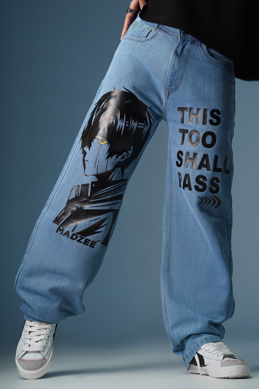 Groovee Unisez Anime Printed Denim Baggy Fit Jeans Blue