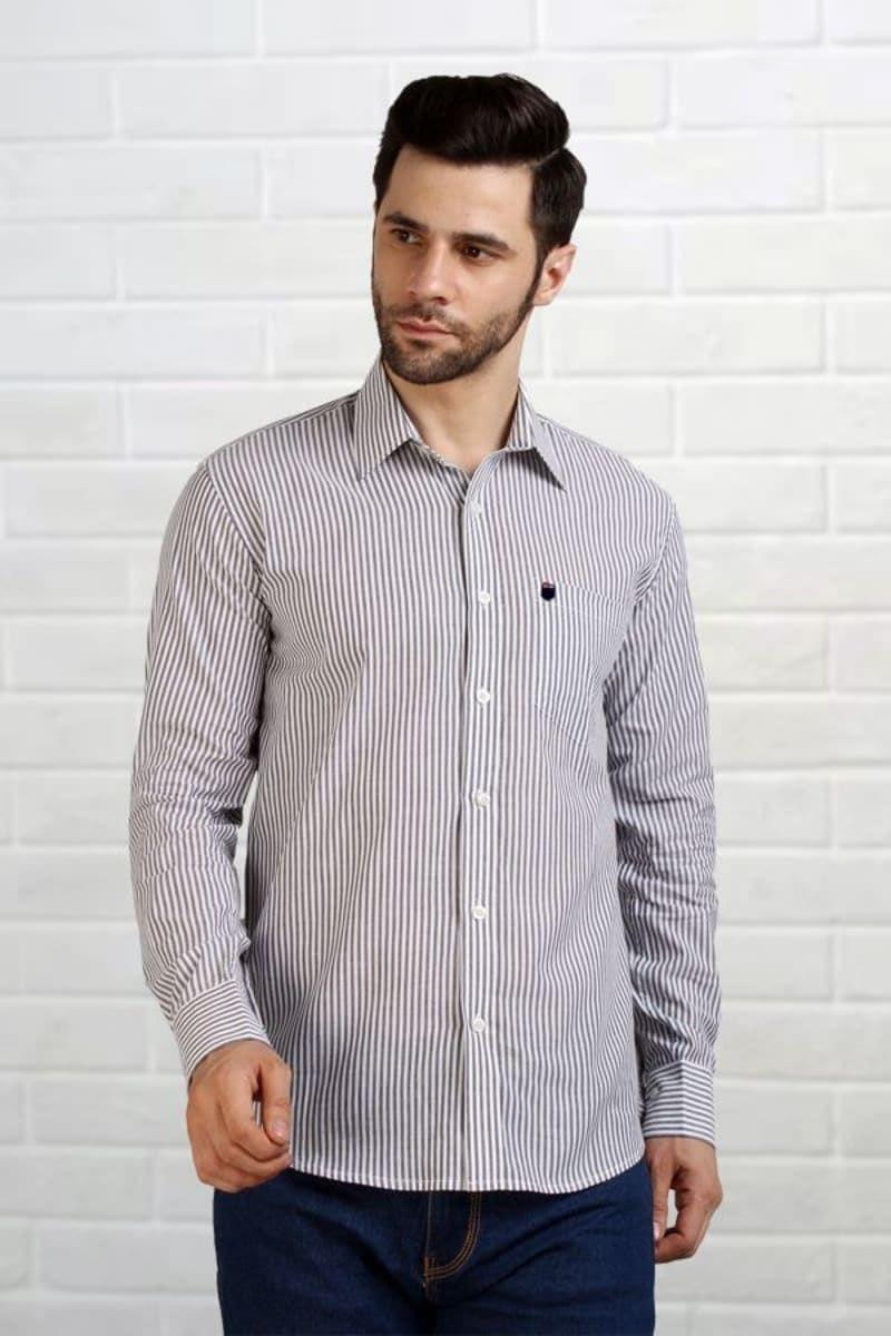 ESTRIPES Striped Pattern Regular Fit Full Sleeves Semi Formal Shirt for Men's (Black)