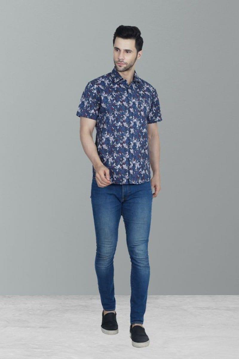 ESTRIPES Blue Floral Printed Regular Fit Half Sleeves Casual Shirt for Men's