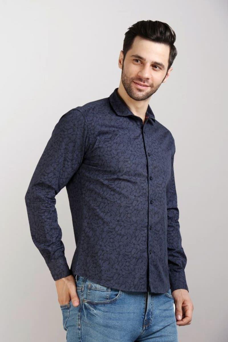 ESTRIPES Floral Printed Slim Fit Full Sleeves Casual Shirt for Men's (Navy Blue)