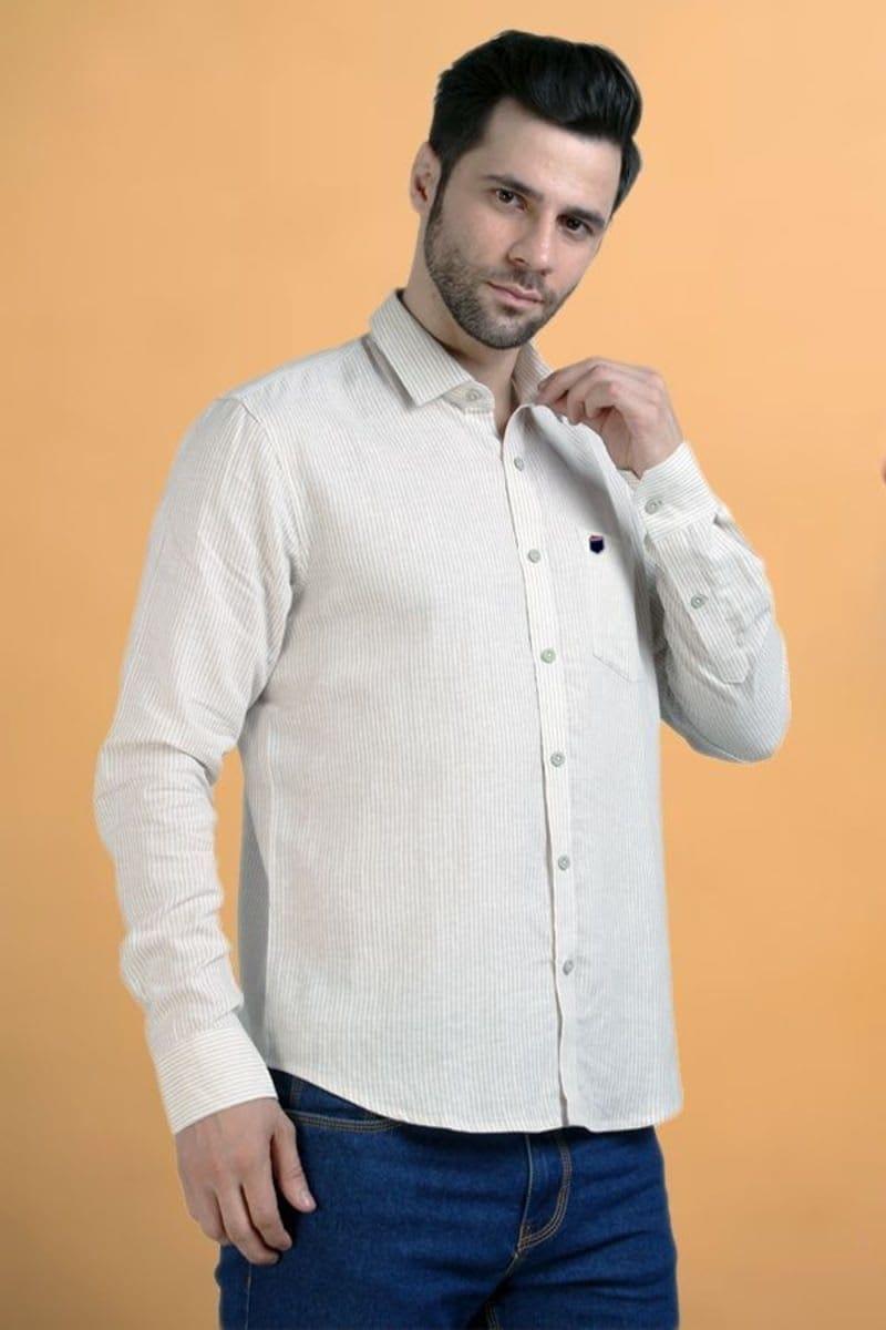 ESTRIPES Semi Formal Striped Pattern Regular Fit Full Sleeves Formal Shirt for Men's (Beige)