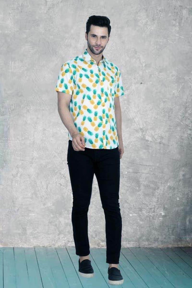 ESTRIPES Pineapple Printed Regular Fit Half Sleeves Casual Shirt for Men's