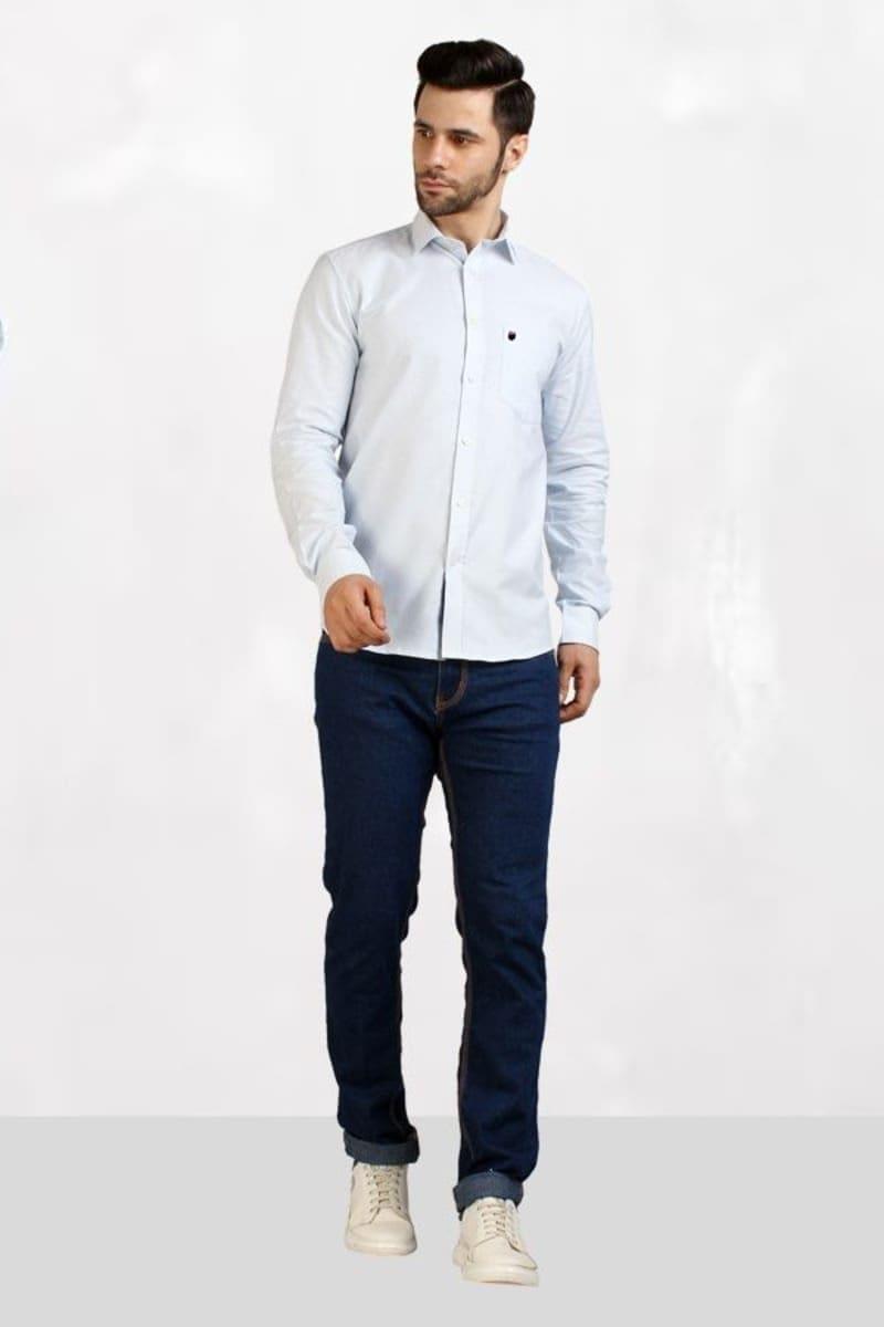 ESTRIPES Striped Pattern Regular Fit Full Sleeves Semi Formal Shirt for Men's (Blue)