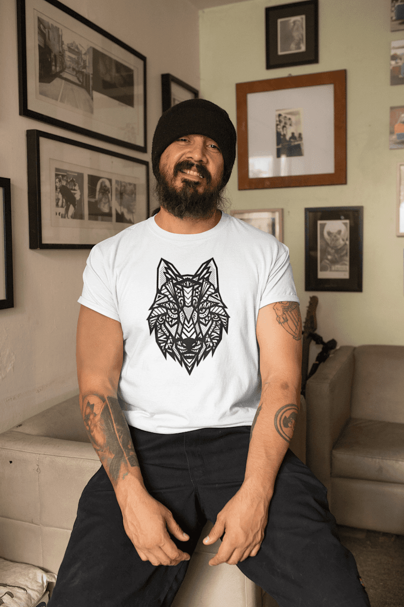 Trenfort Tribal Print Wolf Graphic Cotton Tshirt for Men - White