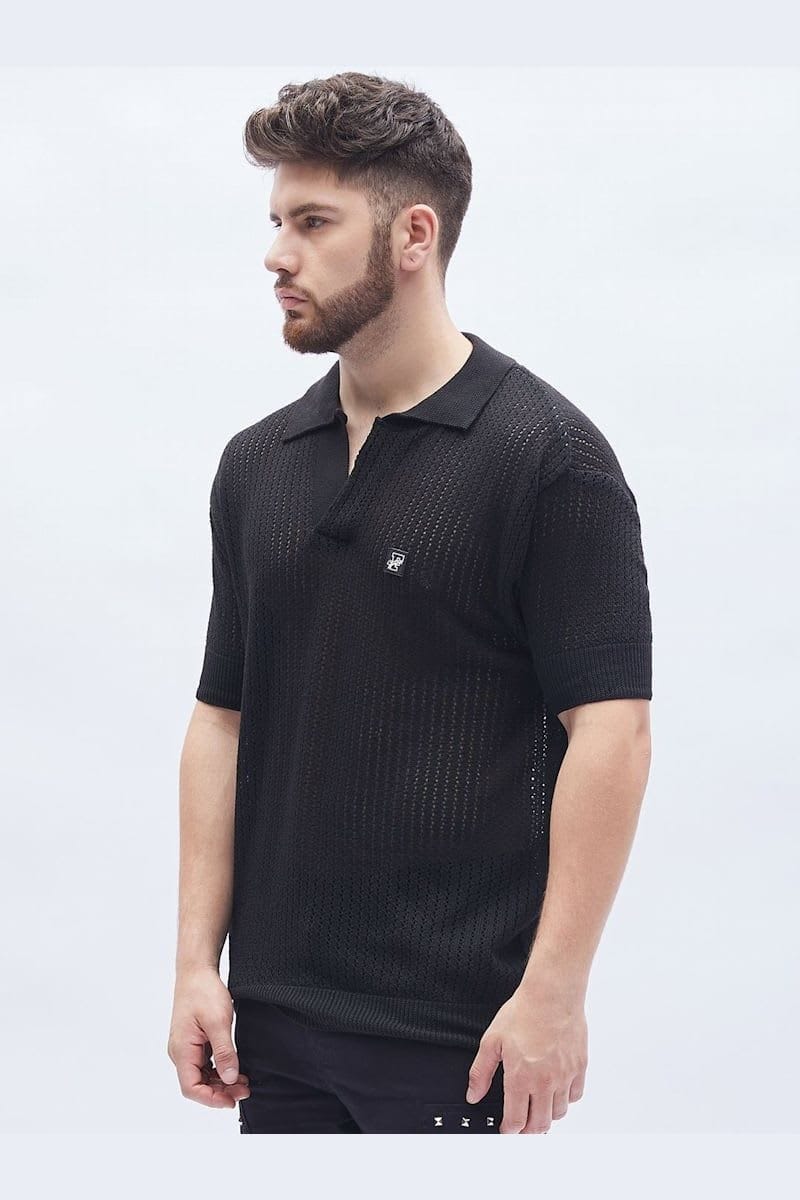 FUGAZEE Black Textured Knit Polo Tshirt