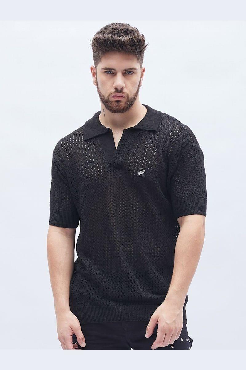 FUGAZEE Black Textured Knit Polo Tshirt
