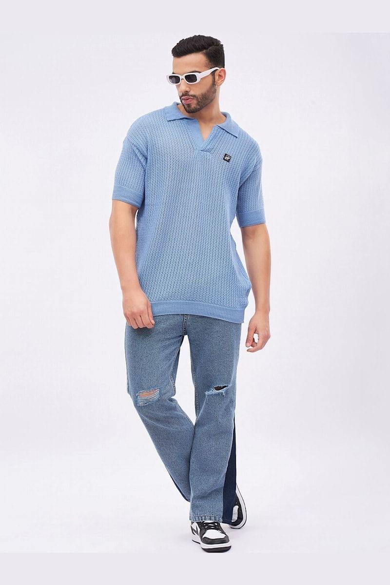 FUGAZEE Sky Blue Textured Knit Polo T-Shirt