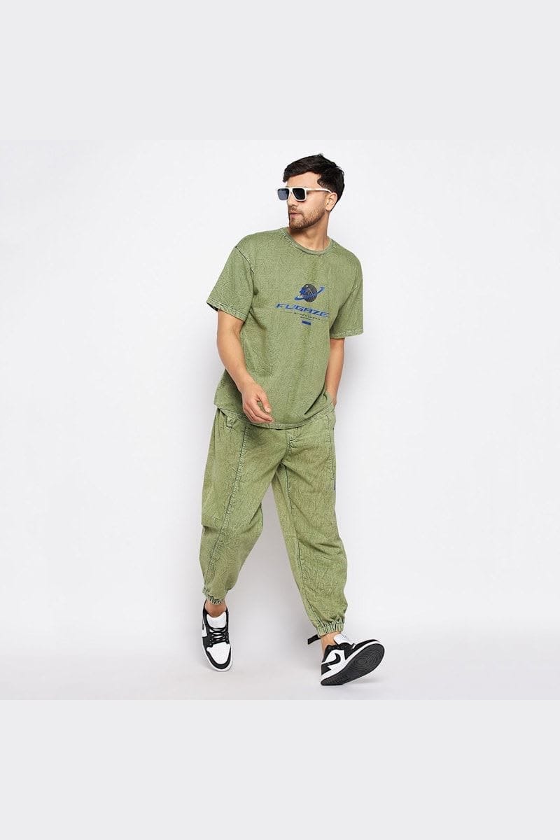 FUGAZEE Green Acid Wash Tshirt and Trackpants Clothing Set