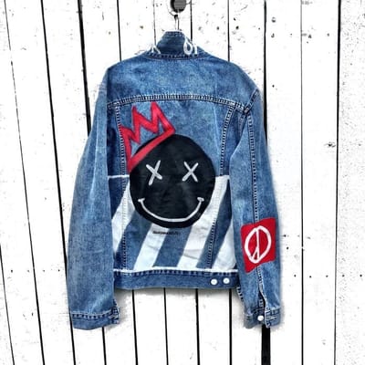 This jean jacket is bleach painted with free-hand geometric shapes. The  striking design will look great with all sorts… | Diy jacket, Jean jacket  diy, Painted jeans