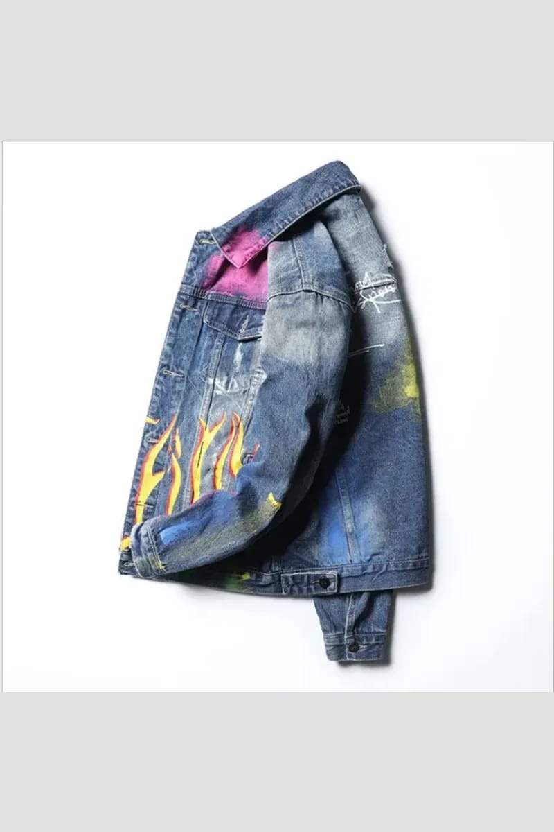 Rainbow Fire Flame Handpainted Unisex Customized Denim Jeans Jacket