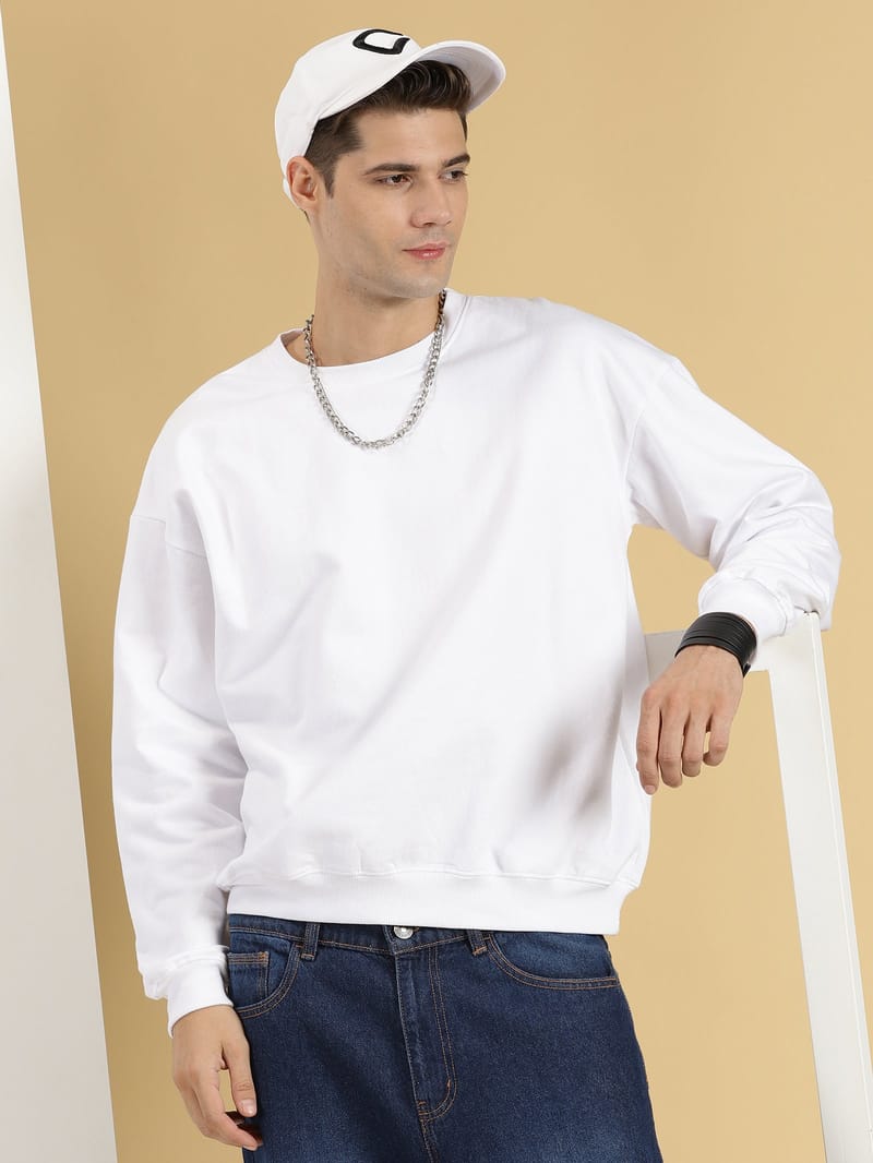 Fansarmy Solid White Oversized Sweatshirt