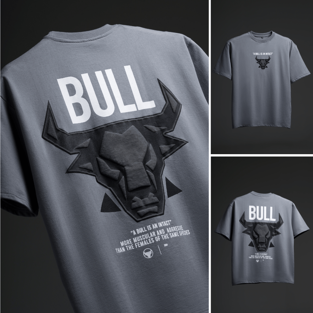 The Bull Oversized T shirt  (GREY,BLACK) - FRENCH TERRY COTTON 240 GSM & PUFF PRINT